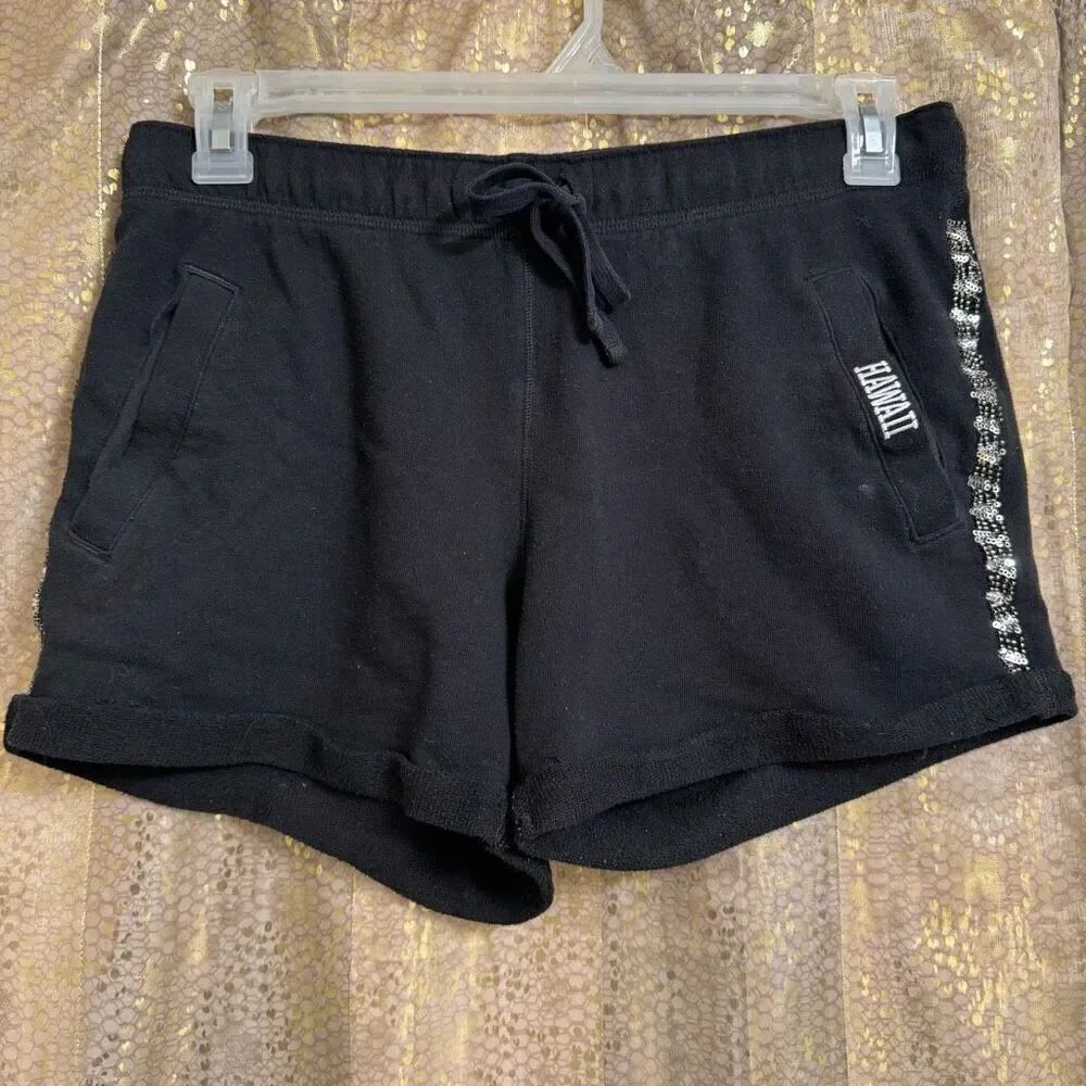 PINK Victorias Secret Black Hawaii Silver Beaded Stripe Cuffed Shorts Small